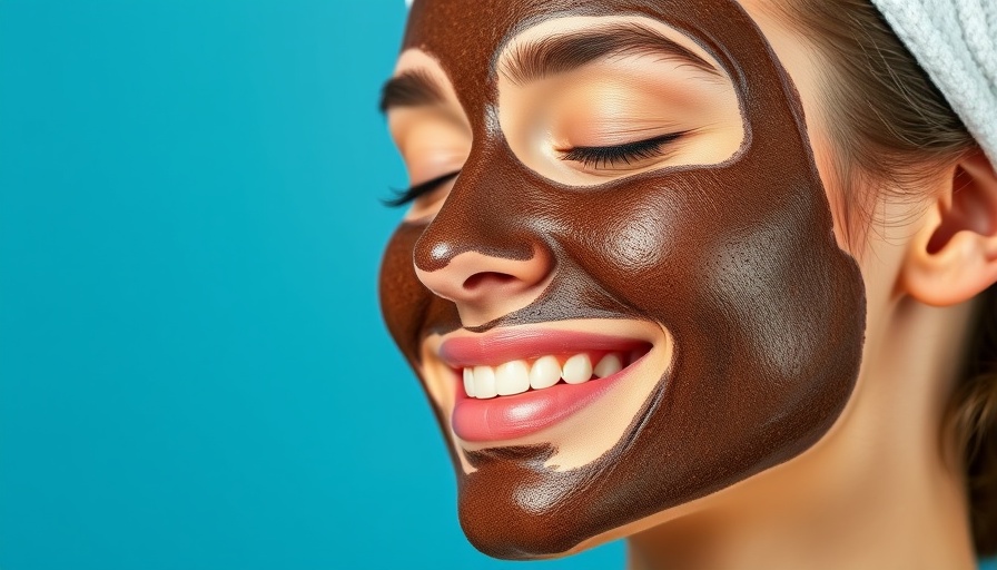 Woman enjoys skincare with coffee grounds mask, blue background.