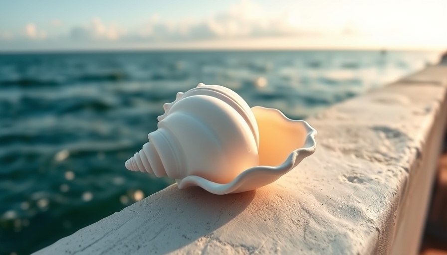 Conch shell by the ocean with serene backdrop.