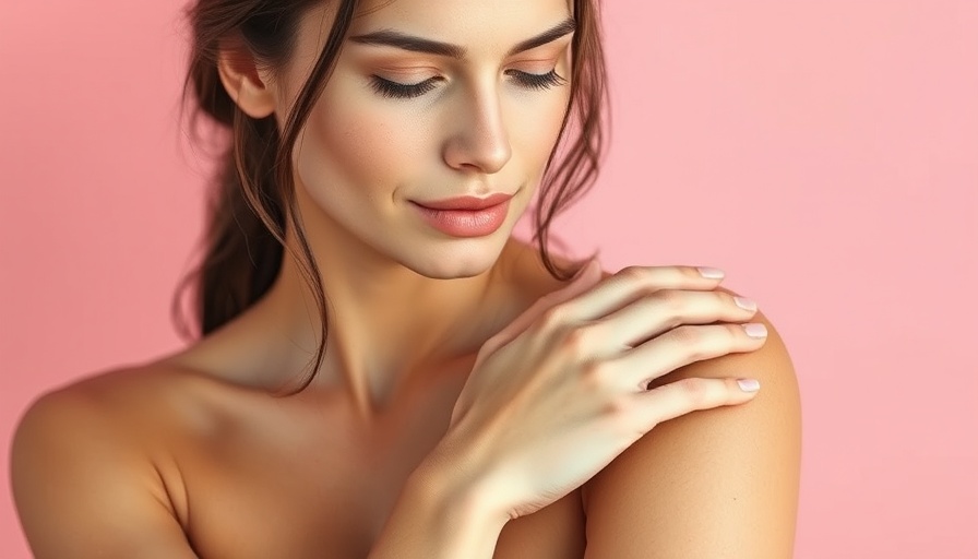 Young woman applying sunscreen on arm against pink