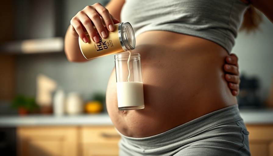 Pregnant woman using protein powders safe for pregnant women in a kitchen.