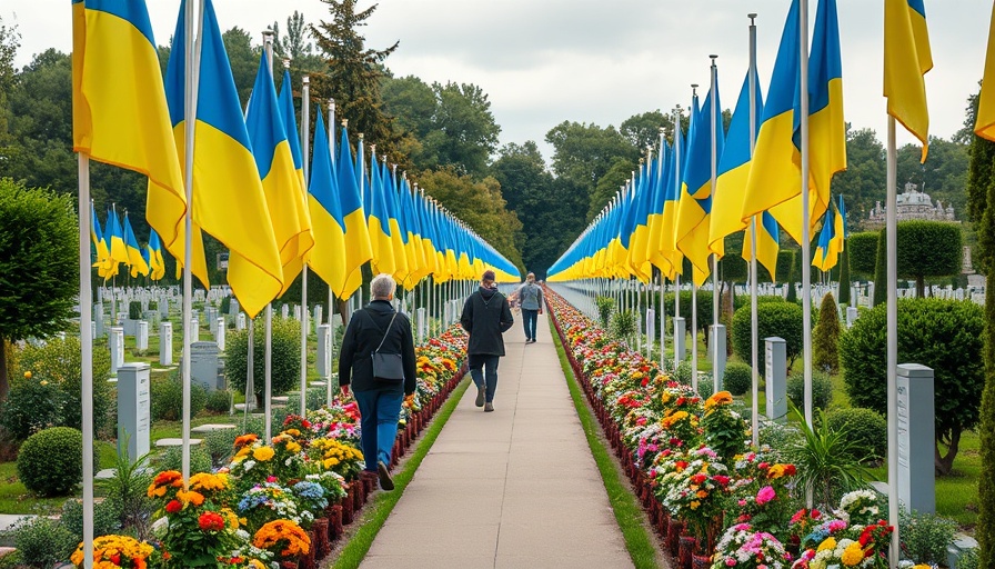Impact of Russia’s war in Ukraine depicted with flags and memorials in cemetery.