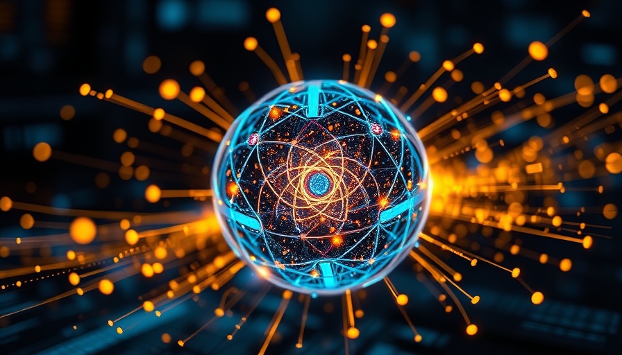 Quantum computing concept image with glowing sphere and light trails.