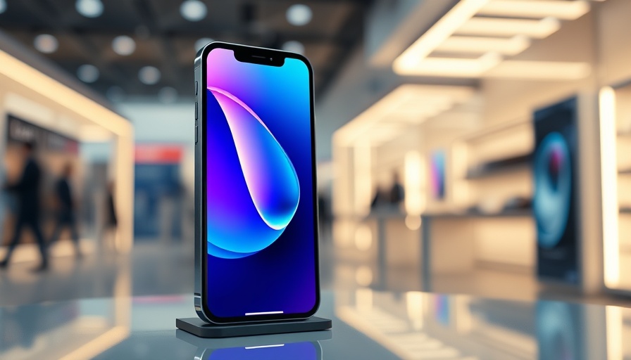 Futuristic iPhone display in tech store, highlighting advanced features.