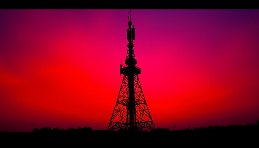 Dramatic shortwave radio tower with red and blue split background, UVB-76 theme.