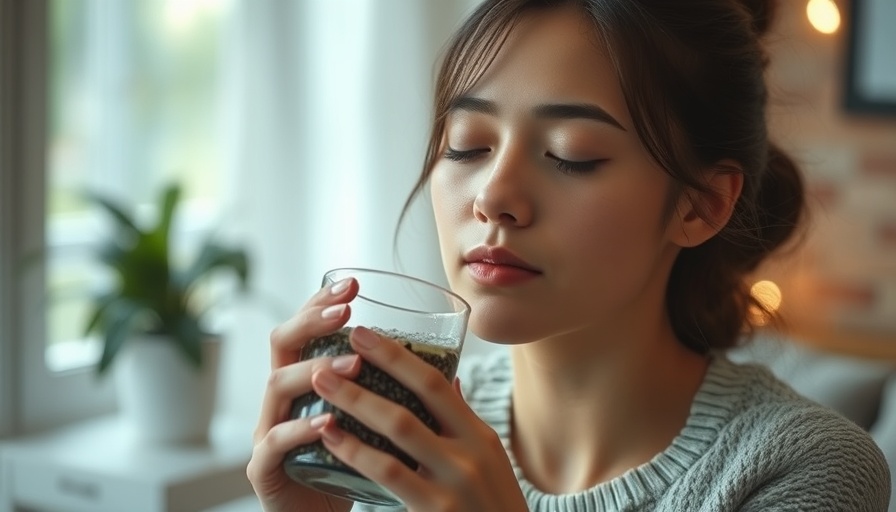 Woman savoring chia seed water benefits in a tranquil setting.