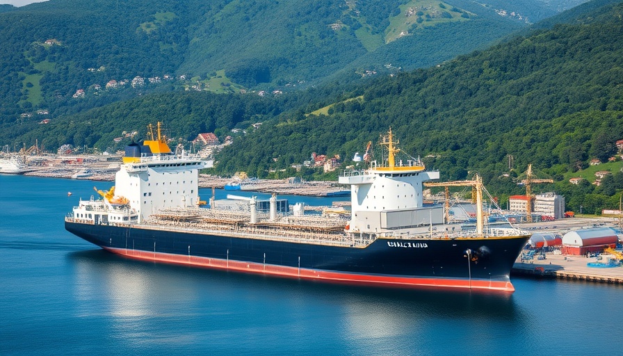 U.S.-built Korean tanker docked at port with mountains in background.