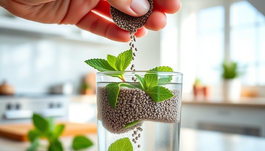 Pouring chia seeds into water in a sunny kitchen, best time to drink chia seed water.