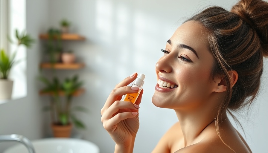 Woman using face serum for pigmentation in bright bathroom.