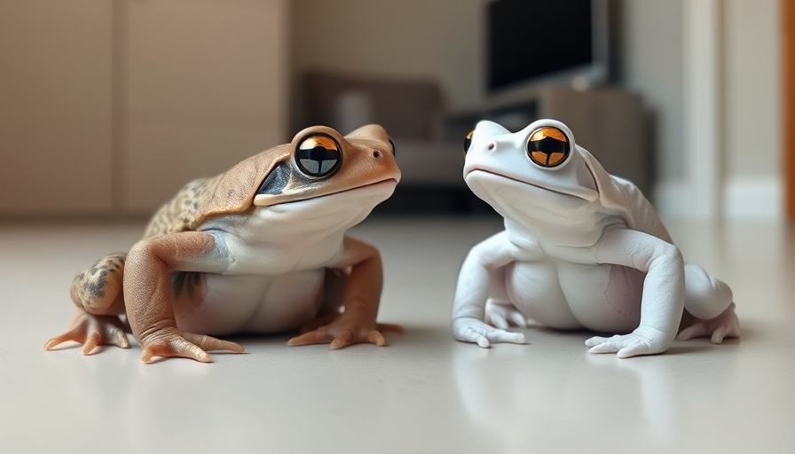 Gene-tweaked albino toad alongside normal toad, soft light.