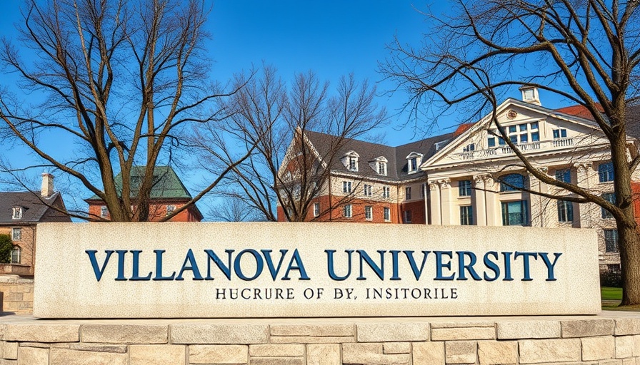 Villanova University stone sign with trees and building in background.