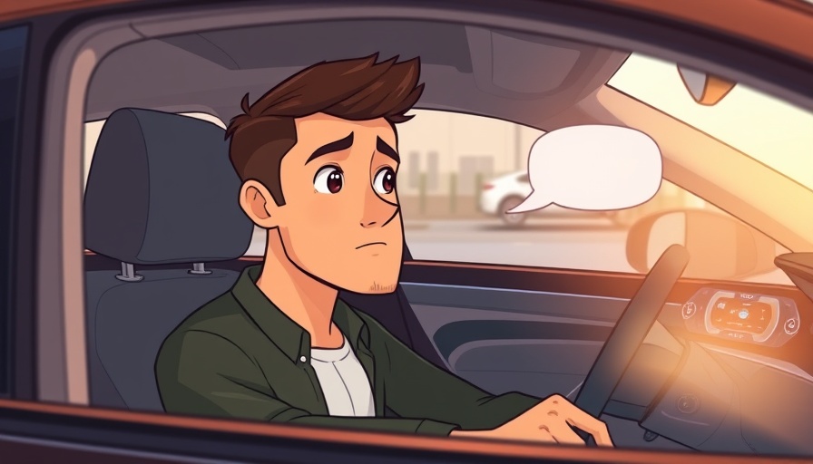 Cartoon of a man in a self-driving car, engaging with familiar voices.