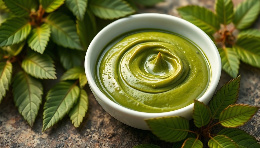 Henna cream in bowl with leaves showing hair benefits.