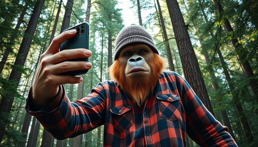 Humorous sasquatch in flannel taking selfie in forest