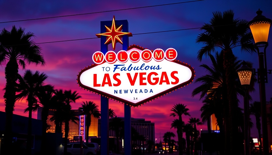 Las Vegas tourism sign illuminated against a twilight sky.