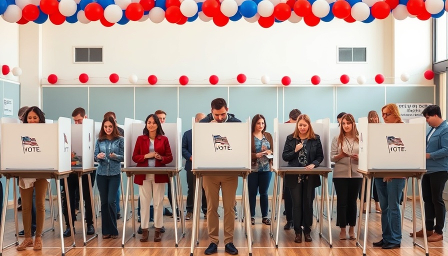 Voters at polling booths under red, white, and blue decorations.
