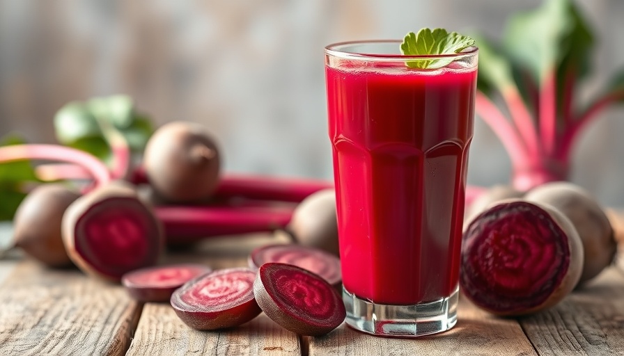 Glass of beet juice and fresh beets on wooden surface showcasing beet juice health benefits.