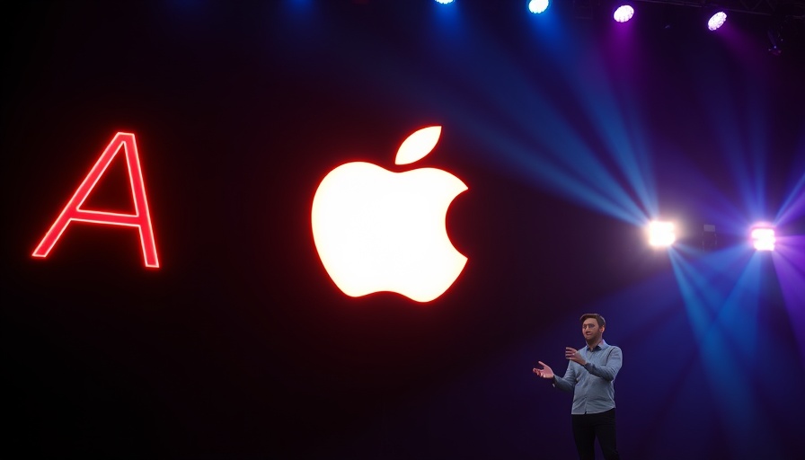 Apple iPhone 17 event with vibrant logo and presenter.