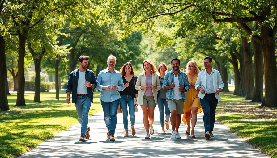 Group walking faster in park for health benefits.