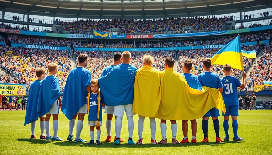 Ukrainian football team with children in stadium, Ukraine World Cup Bid celebration.