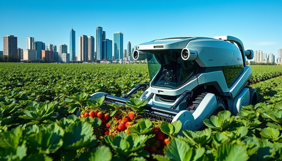 Robotic harvester in strawberry field, urban backdrop.