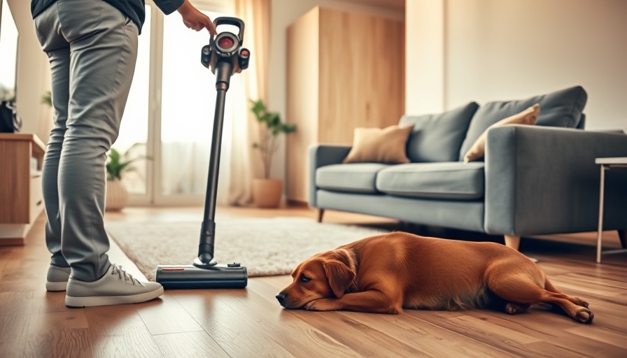 Dyson V16 Piston Animal vacuum cleaner in modern living room with dog.
