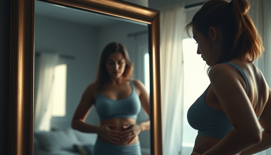 Focused woman checking belly fat in mirror for tips on fat loss.