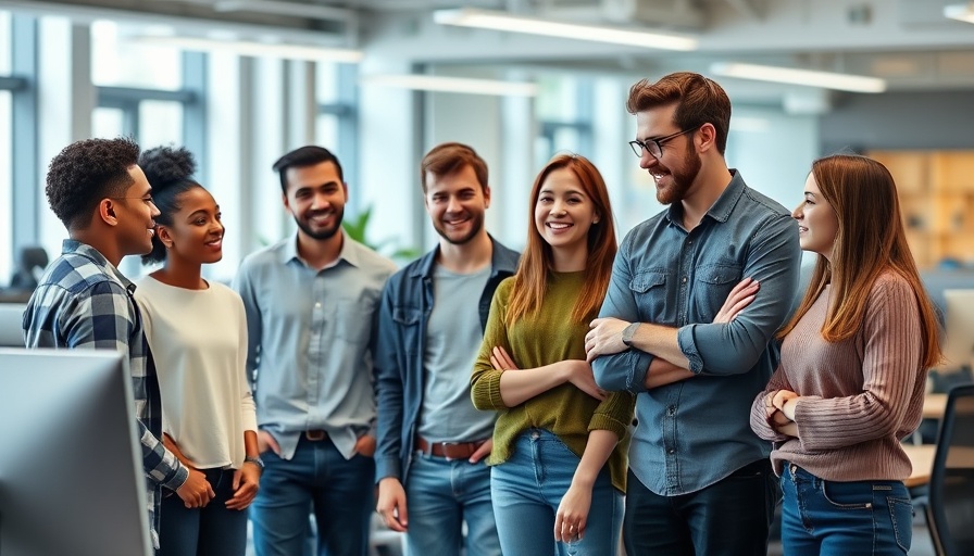 Group of young adults in an office discussing AI mimicking human speech.