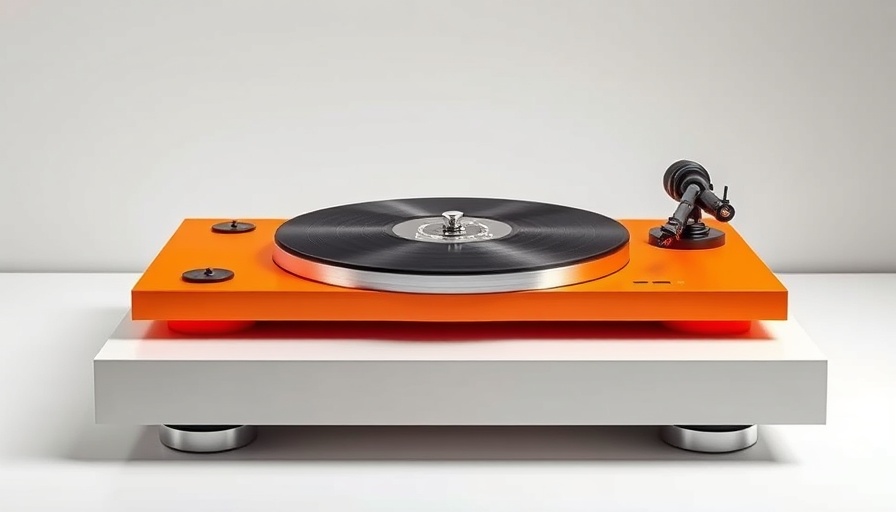 Modern turntable in vibrant orange and black, consumer technology showcase.