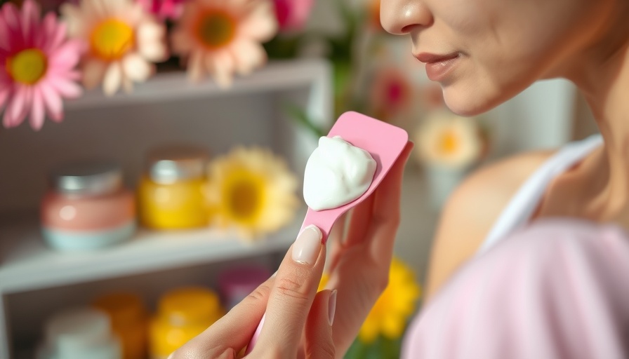 Applying hair removal cream for sensitive skin with pink spatula.