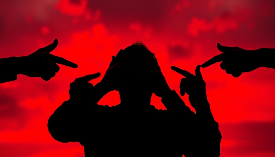 Silhouette shielding from pointing hands under red sky, Protect Public Servants Marketplace.