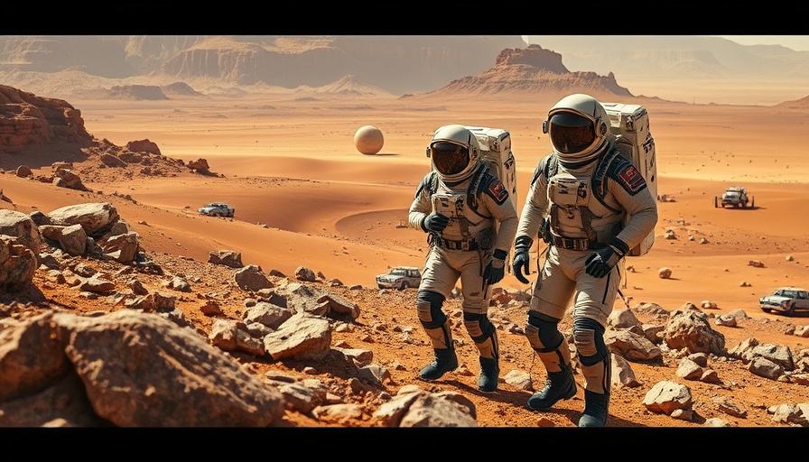 Futuristic astronauts on Mars performing geological tasks.