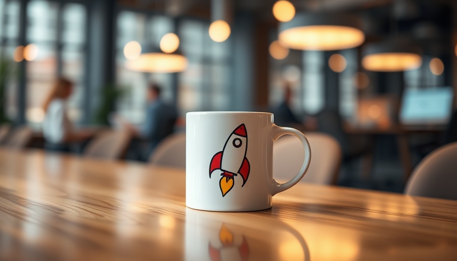 White ceramic mug with a colorful rocket design on wooden table.