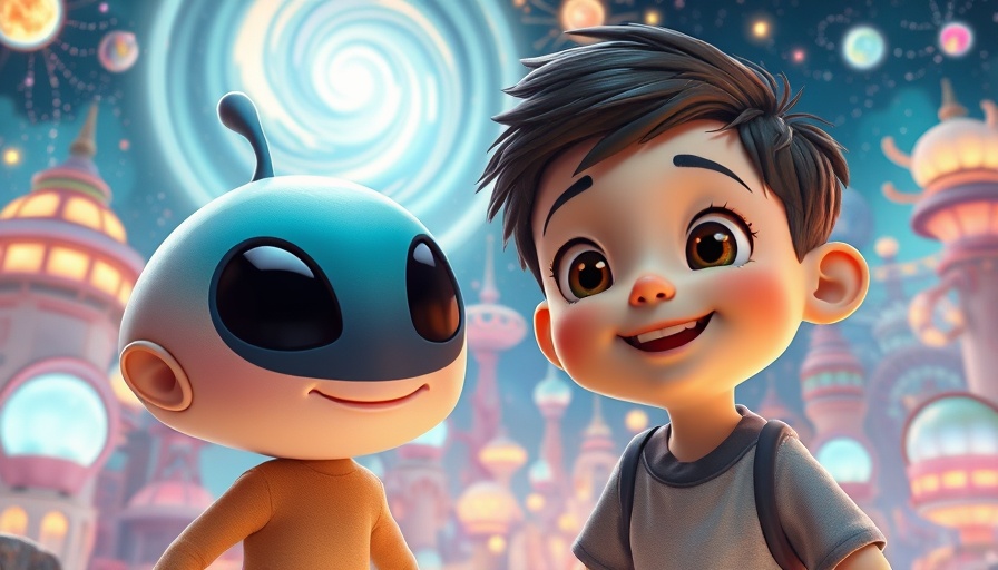 Animated boy and creature smile amid cosmic Disney Elio Voyager Golden Record setting.