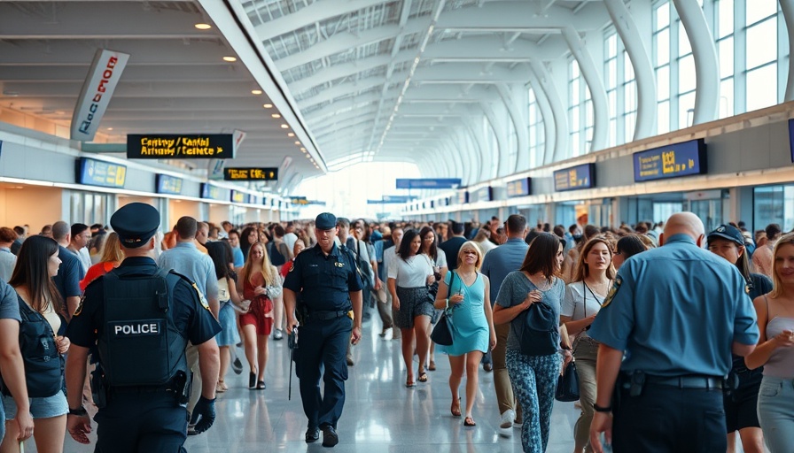 Busy airport terminal with Polish police officers amidst travelers.