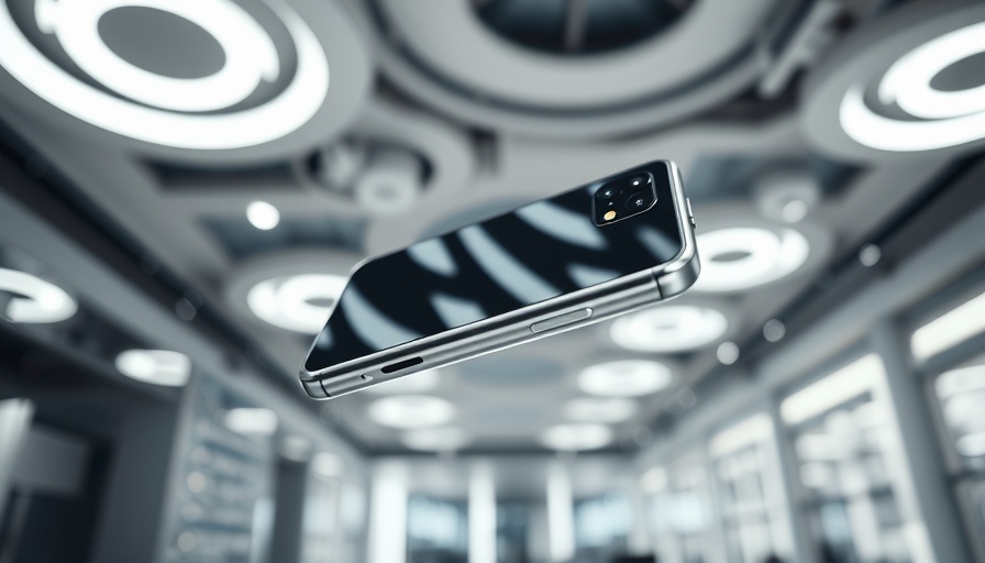 Sleek smartphone in futuristic showroom lighting.