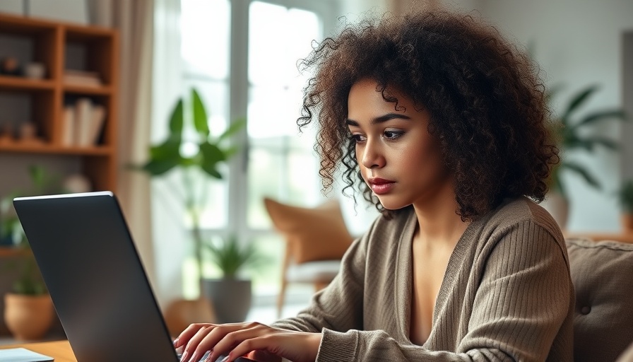 Young woman consolidating debt in Canada on laptop in modern living room.