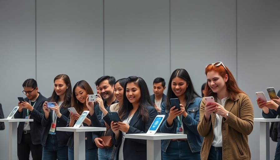 People interacting with iPhones on stands in minimalist space, capturing photos.
