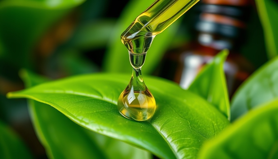 Dropper with tea tree oil above leaf for dandruff treatment