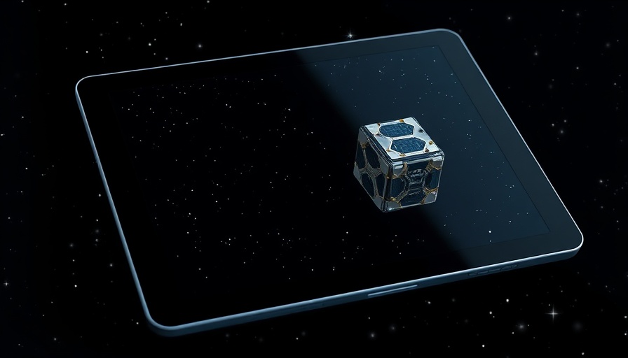 CubeSat satellite displayed on a digital tablet for web development brand strategy.