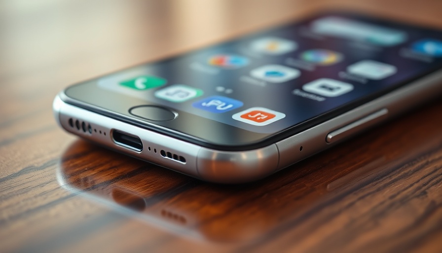 Close-up of smartphone charging port on wooden table, highlighting sleek design.