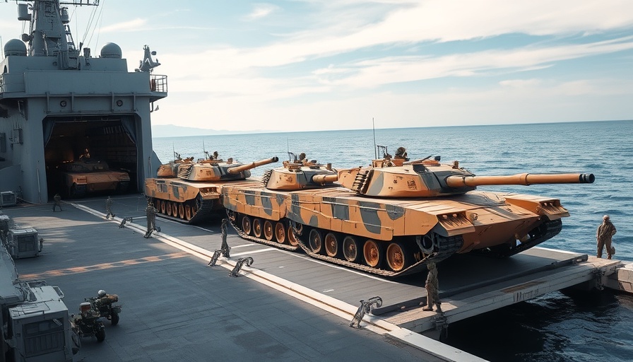 Gulf states military arms procurement scene with tanks on a ship dock.