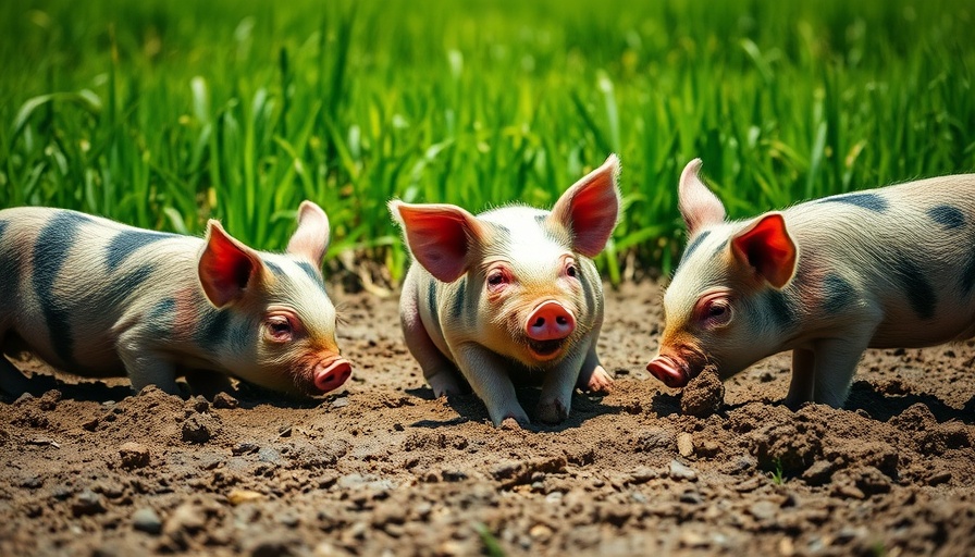 Three pigs in a sunny field, illustrating natural farm life.