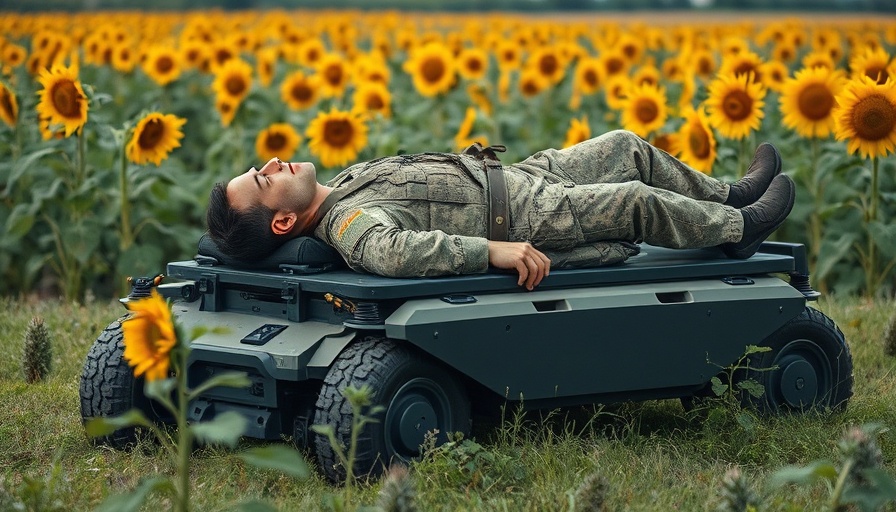 Robotic platform with soldier in sunflower field, Ukraine mine clearance.