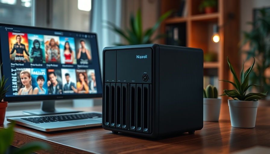 Quad-Bay NAS and laptop setup in home office with evening light.