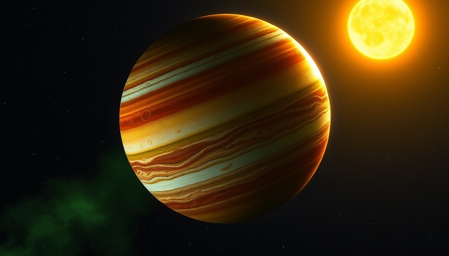 Colorful gas giant in space with a distant sun and nebula.