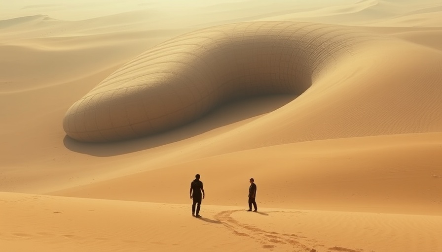 Cinematic scene of a massive sandworm in a desert, depicting cybersecurity threats.