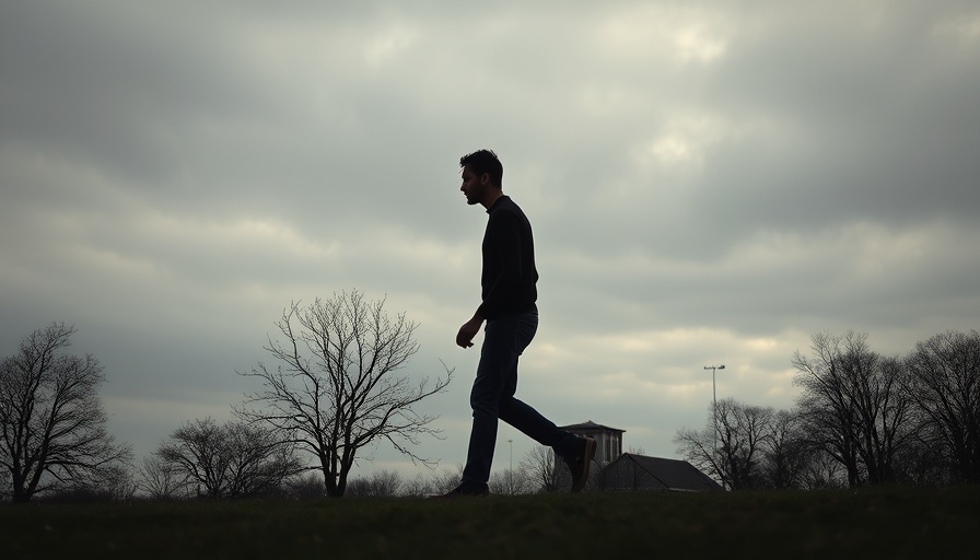Silhouetted figure walking on grass under cloudy sky.