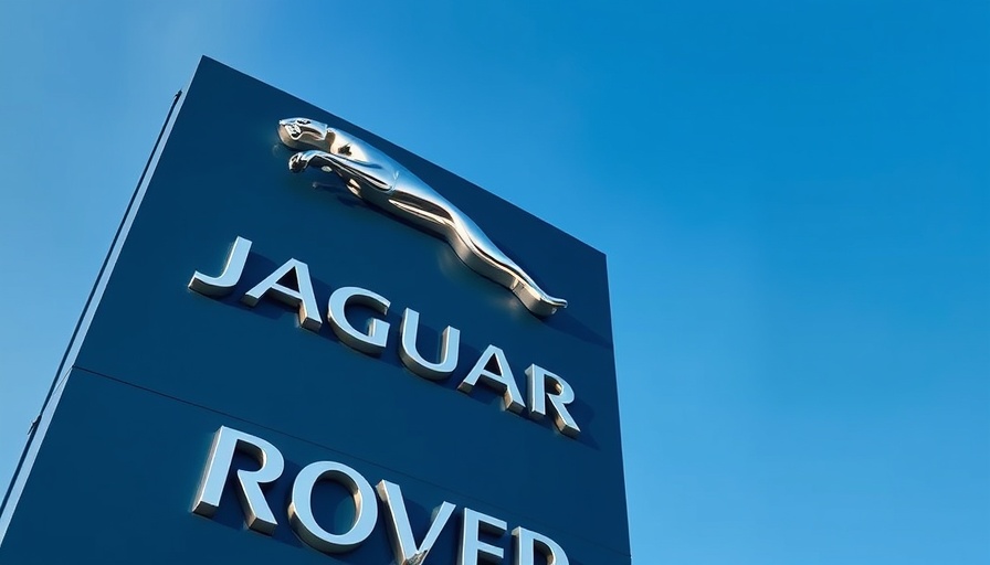 Sleek Jaguar Land Rover logo against blue sky.