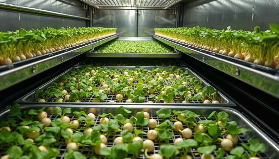 Radish microgreens undergoing hot air drying in industrial setup.