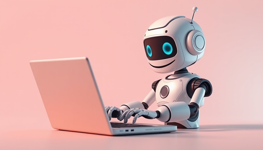 Cute robot typing on laptop, AI chatbots and suicide liability discussion.